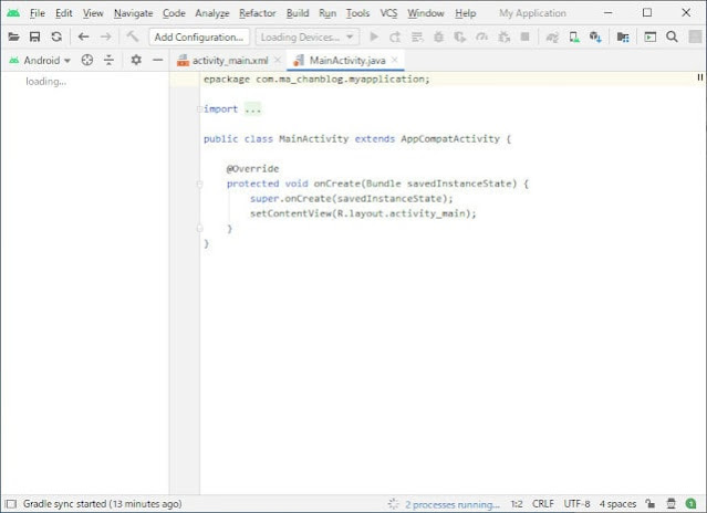 Android Studioで新規プロジェクトが作成された画面