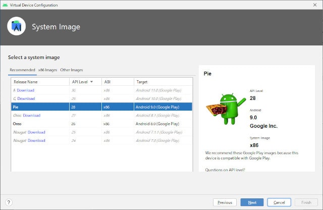 AVDのSystem ImageでPie 28 Android 9を選択する画面