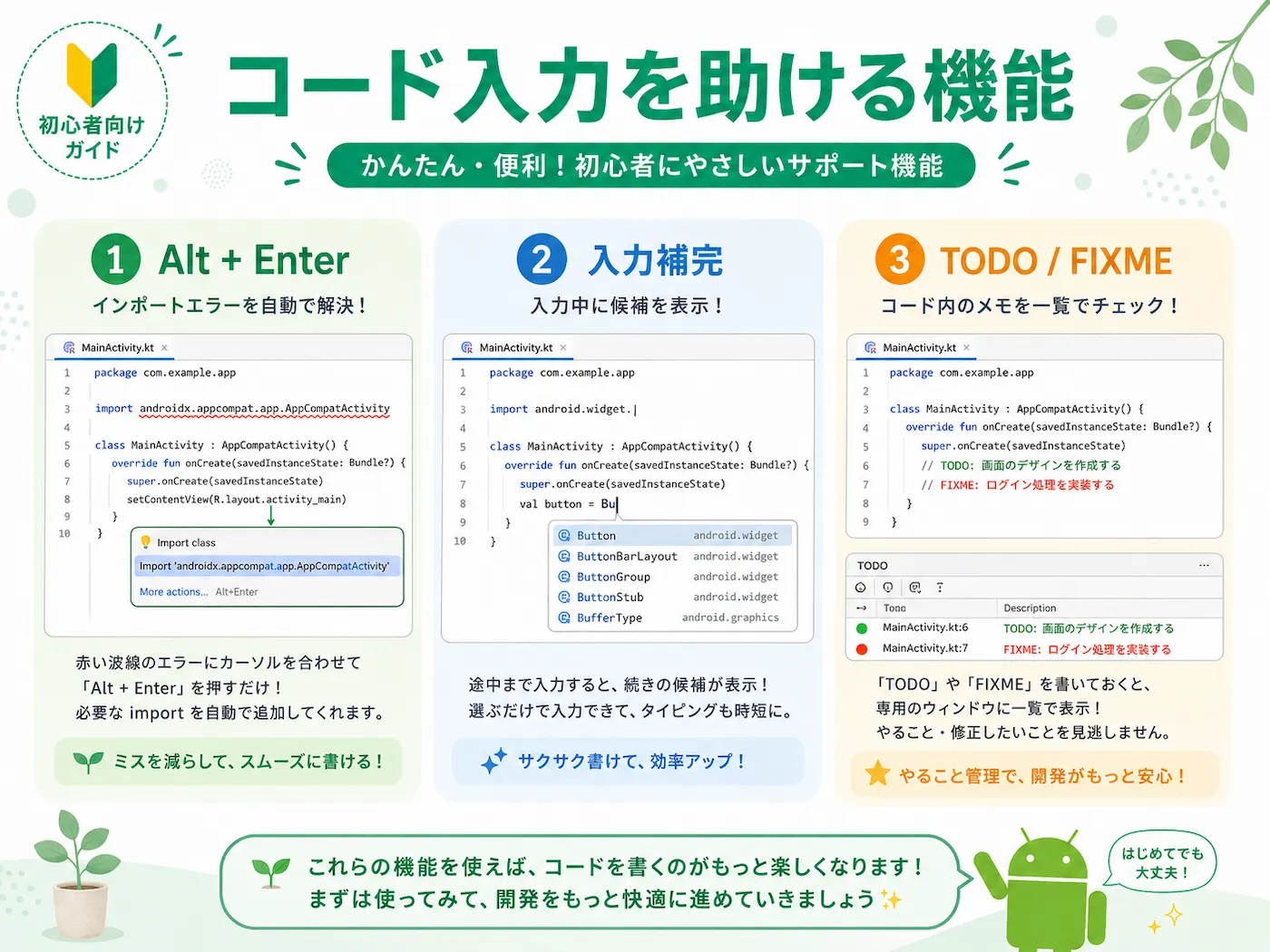 Android Studioのコード入力を助ける機能を説明した図