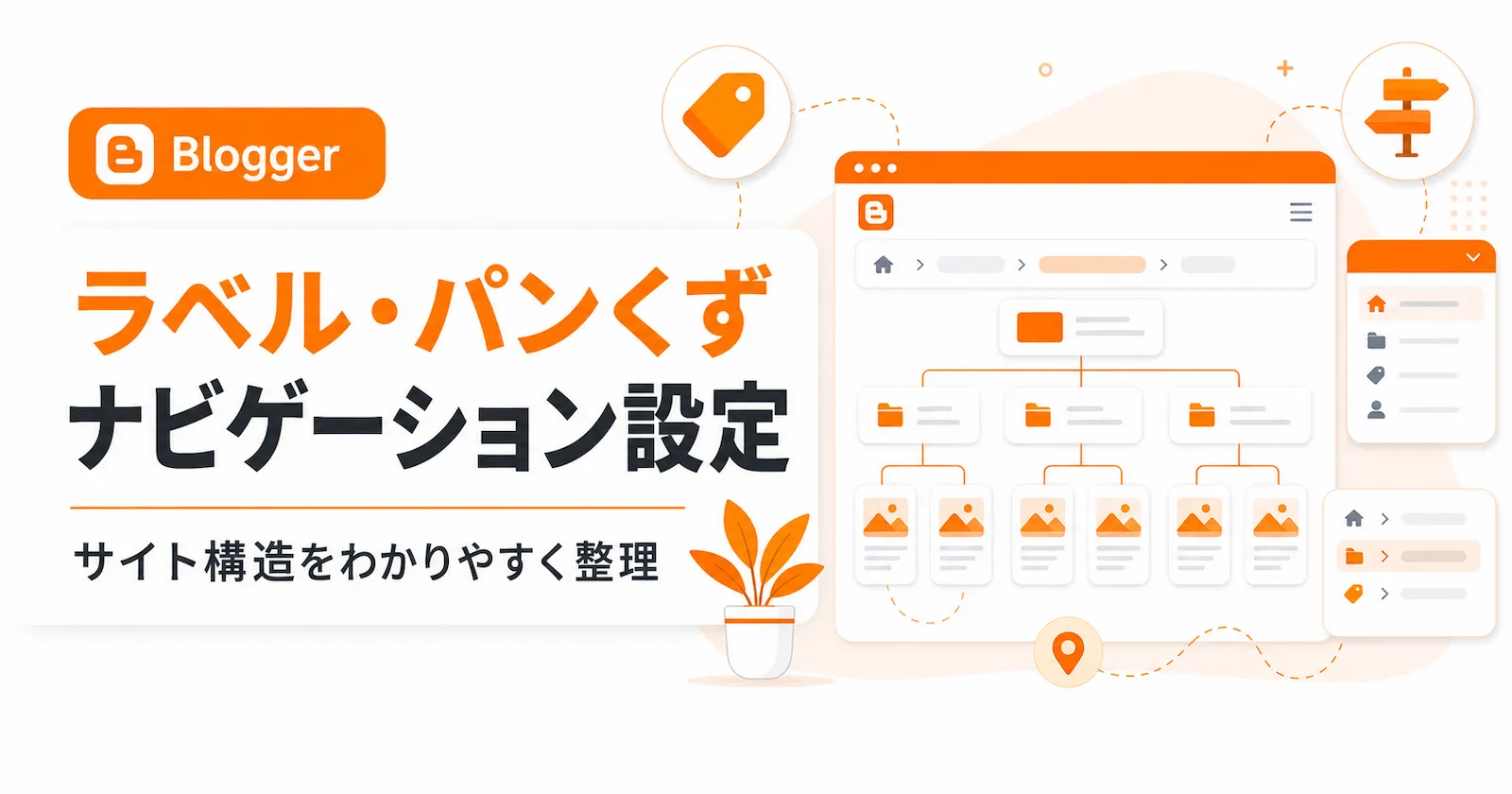 Bloggerのラベル、パンくずリスト、ナビゲーション設定をテーマにしたアイキャッチ画像。サイト構造、カテゴリ、メニュー、記事への導線を図解している