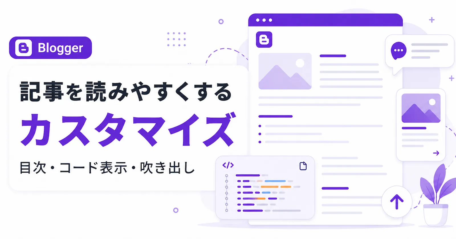 Bloggerの記事を読みやすくするカスタマイズをテーマにしたアイキャッチ画像。目次、コード表示、ブログカード、吹き出し、トップへ戻るボタンを記事パーツとして示している