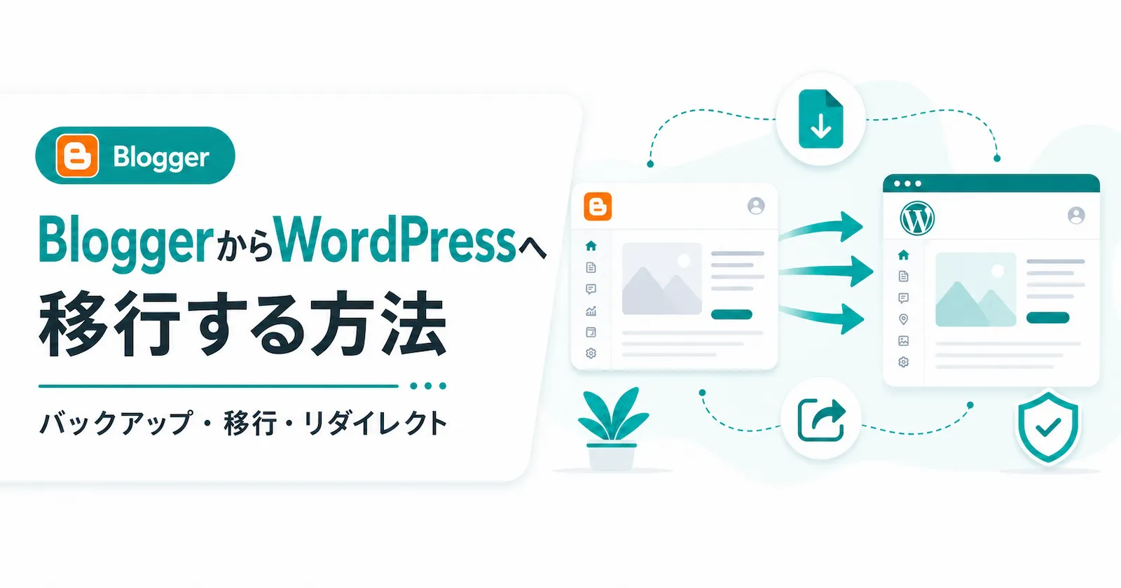 BloggerからWordPressへ移行する流れをテーマにしたアイキャッチ画像。BloggerからWordPressへデータが移動し、バックアップ・インポート・リダイレクト・公開確認まで進む様子を示している