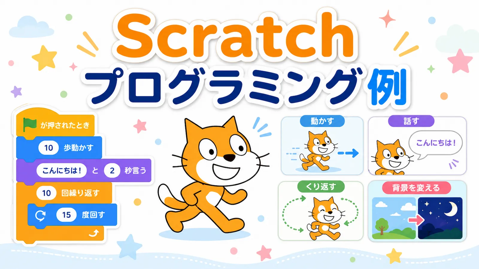 Scratchでできるプログラミング例として、動かす、話す、くり返す、背景を変えるなどをまとめたイラスト