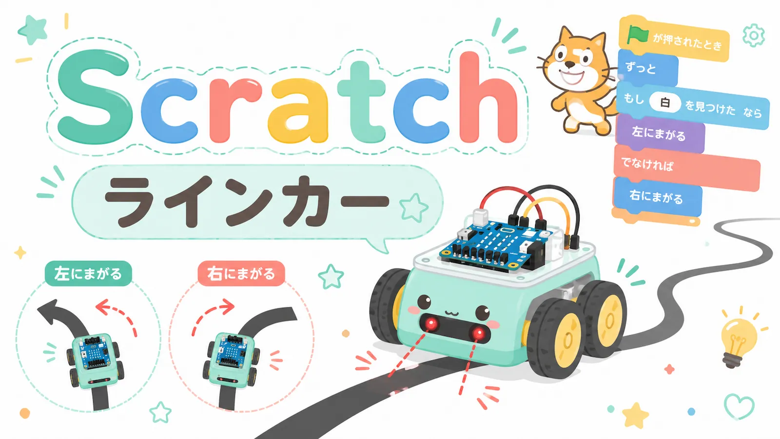 Scratchで線に沿って走るラインカーを作るイメージのイラスト