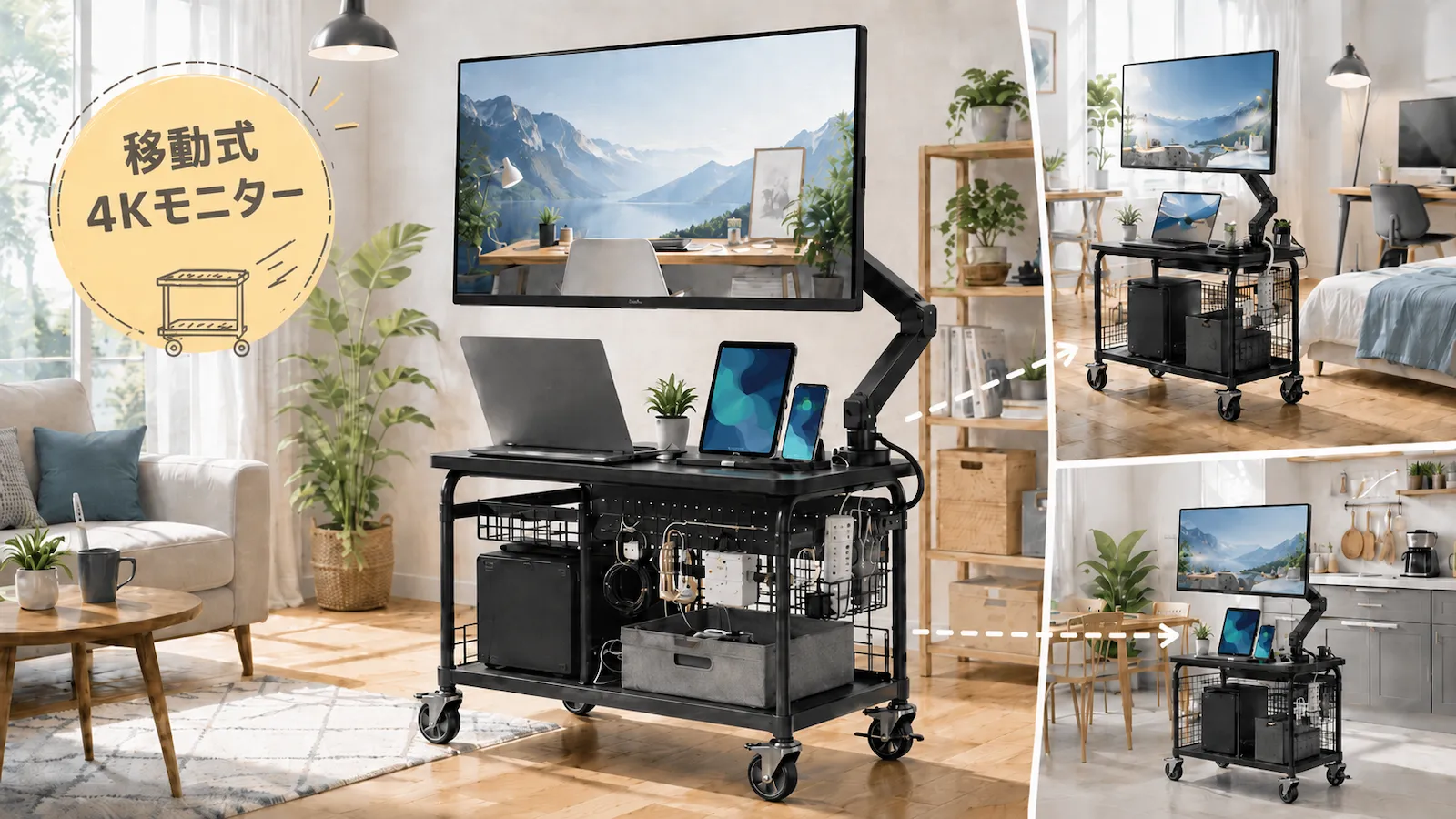 32インチ4KモニターをPCワゴンとモニターアームで移動式にするイメージ