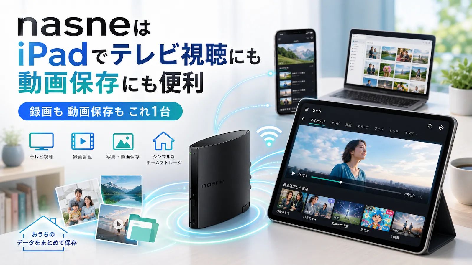nasneはiPadでテレビ視聴にも動画保存にも便利なイメージ
