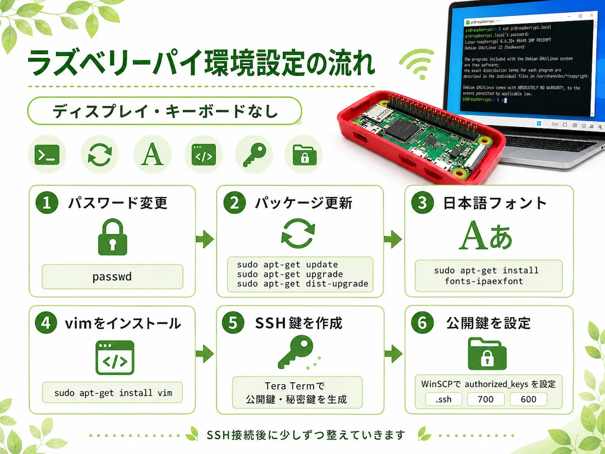 パスワード変更、パッケージ更新、日本語フォント、vim、SSH鍵作成、公開鍵設定までの環境設定の流れをまとめた図