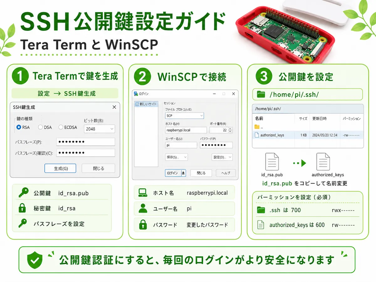 Tera TermでSSH鍵を作成し、WinSCPで接続して、Raspberry Piのauthorized_keysへ公開鍵を設定する流れをまとめた図
