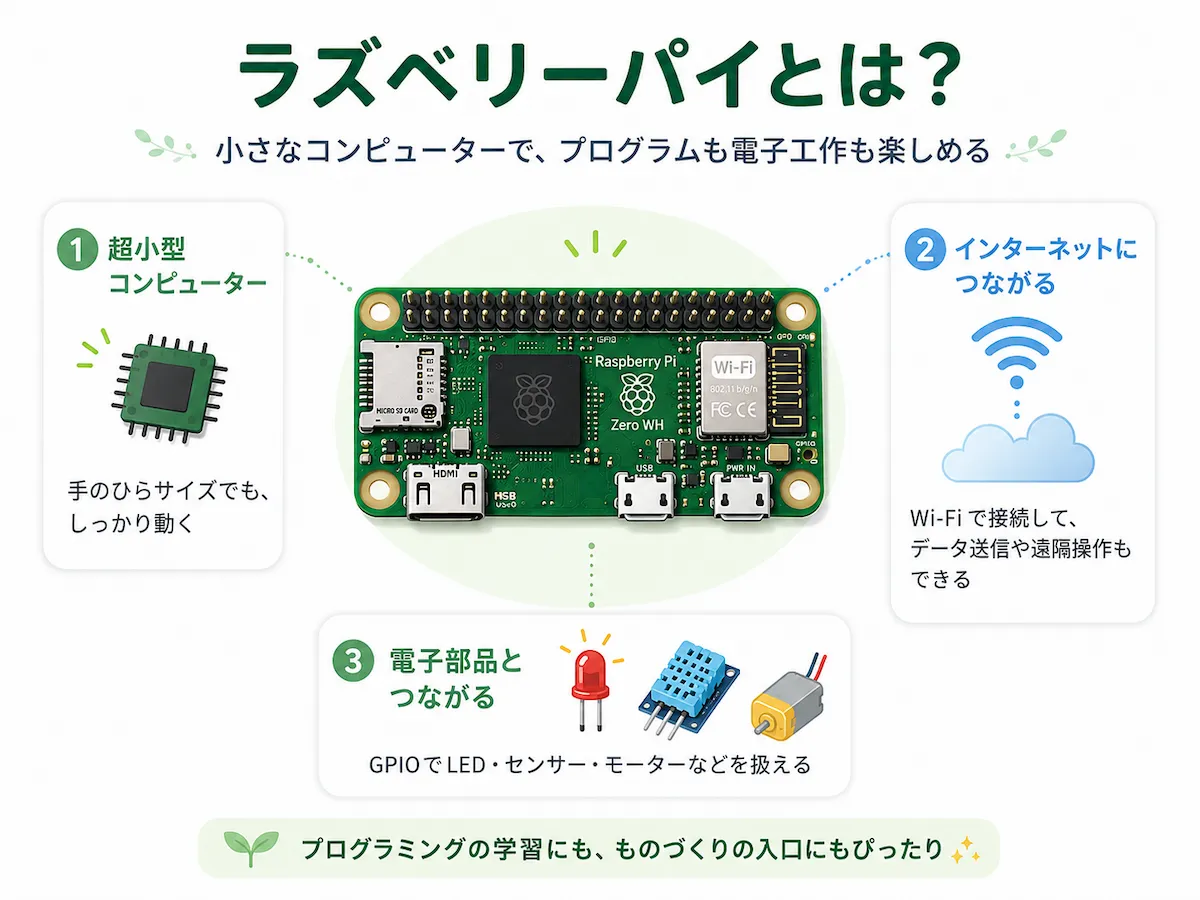 Raspberry Pi Zero WHの特徴を、小型コンピューター、インターネット接続、電子部品との接続の3つに分けて説明した図