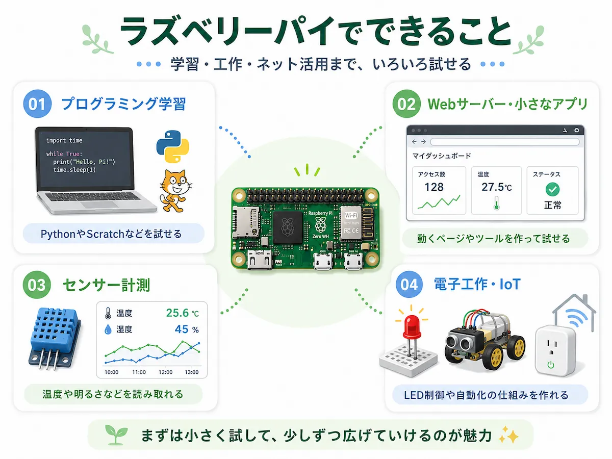 ラズベリーパイでできることとして、プログラミング学習、Webサーバーや小さなアプリ、センサー計測、電子工作やIoTの例をまとめた図