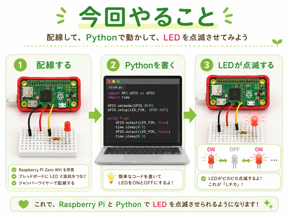 Raspberry Pi Zero WHにLEDと抵抗を配線し、PythonでLEDをON・OFFして点滅させるまでの流れを3ステップで説明した図