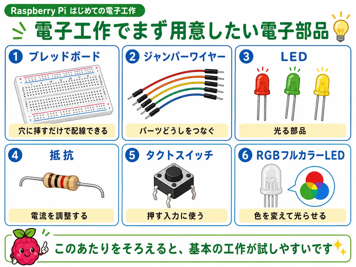 ブレッドボード、ジャンパーワイヤー、LED、抵抗、タクトスイッチ、RGBフルカラーLEDの6つを電子工作でまず用意したい部品としてまとめた図