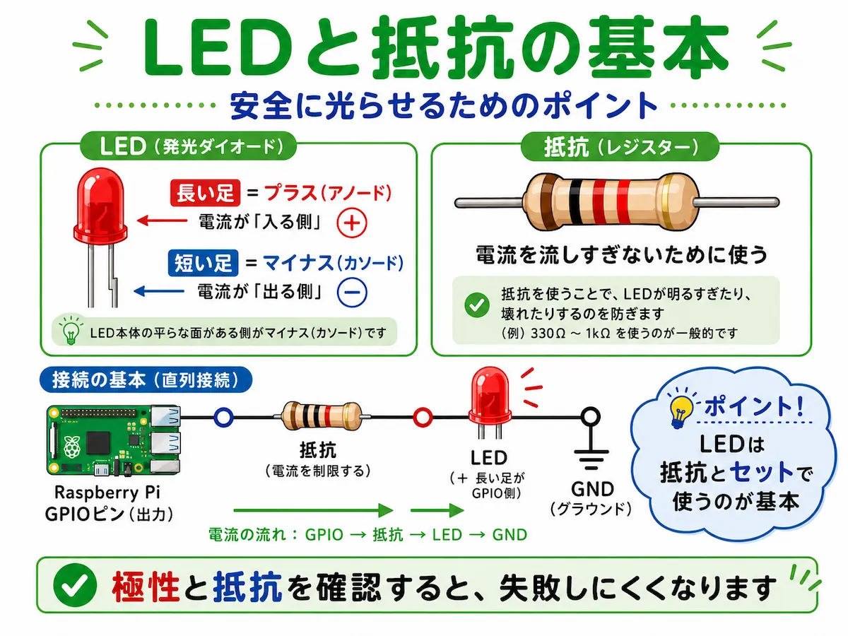 LEDの長い足がプラス、短い足がマイナスであることと、抵抗を使って安全に光らせる基本を説明した図