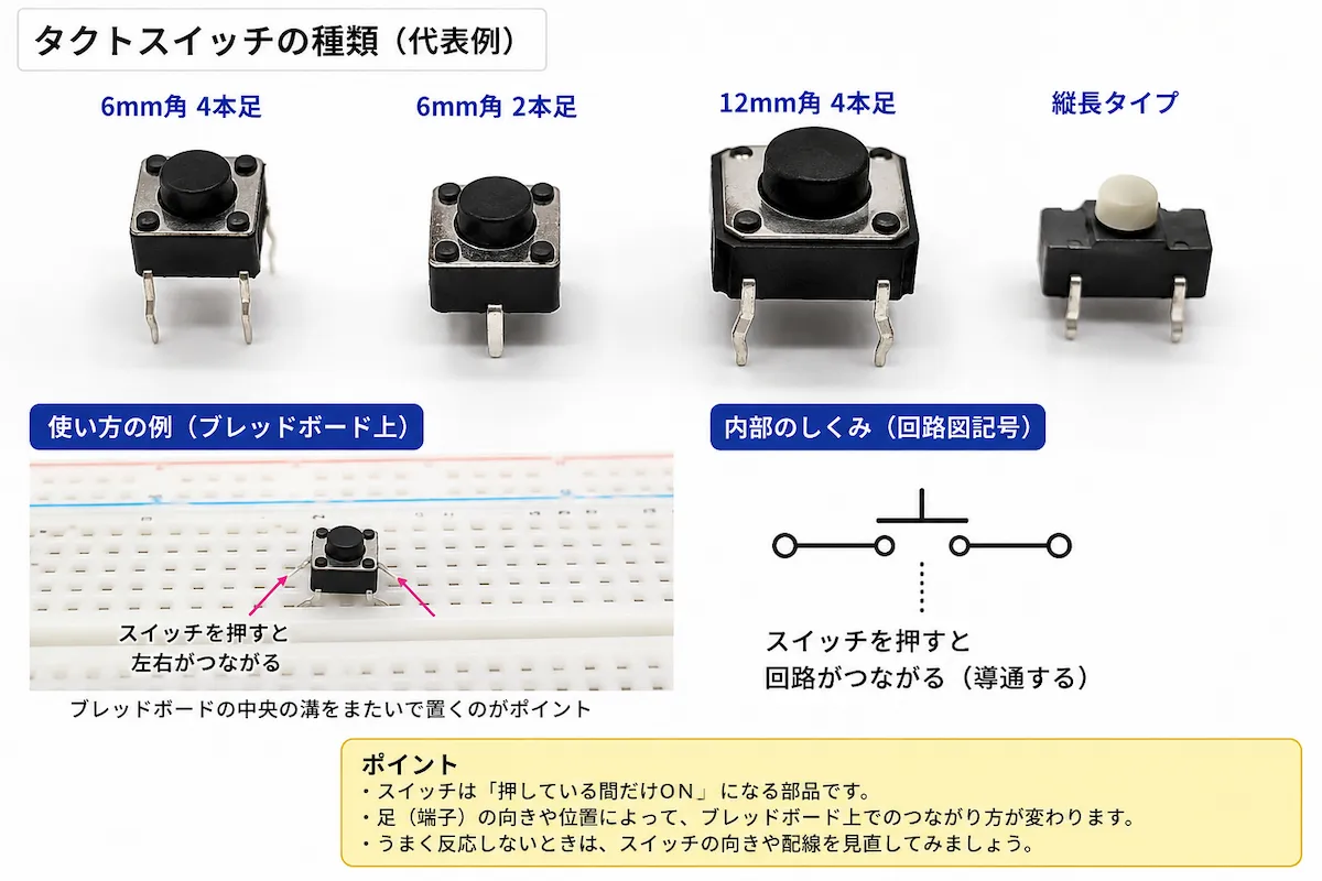 6mm角4本足、6mm角2本足、12mm角4本足、縦長タイプのタクトスイッチの例と、ブレッドボード上での置き方、押すと回路がつながる仕組みを説明した図