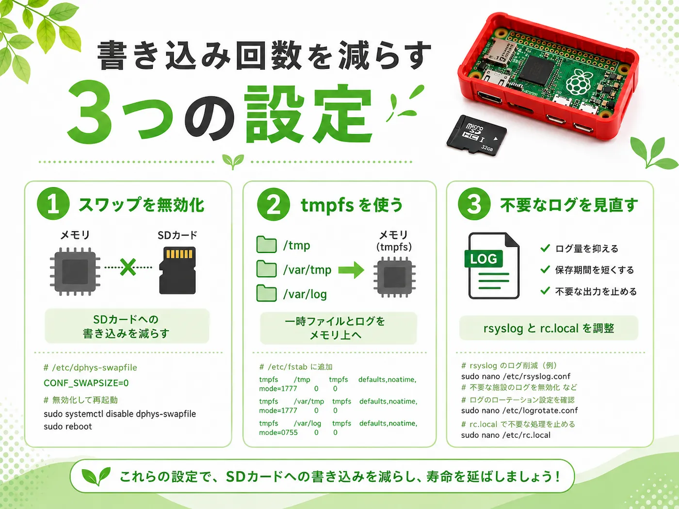 スワップを無効化、tmpfsを使う、不要なログを見直すという3つの設定でSDカードへの書き込み回数を減らす流れを説明した図