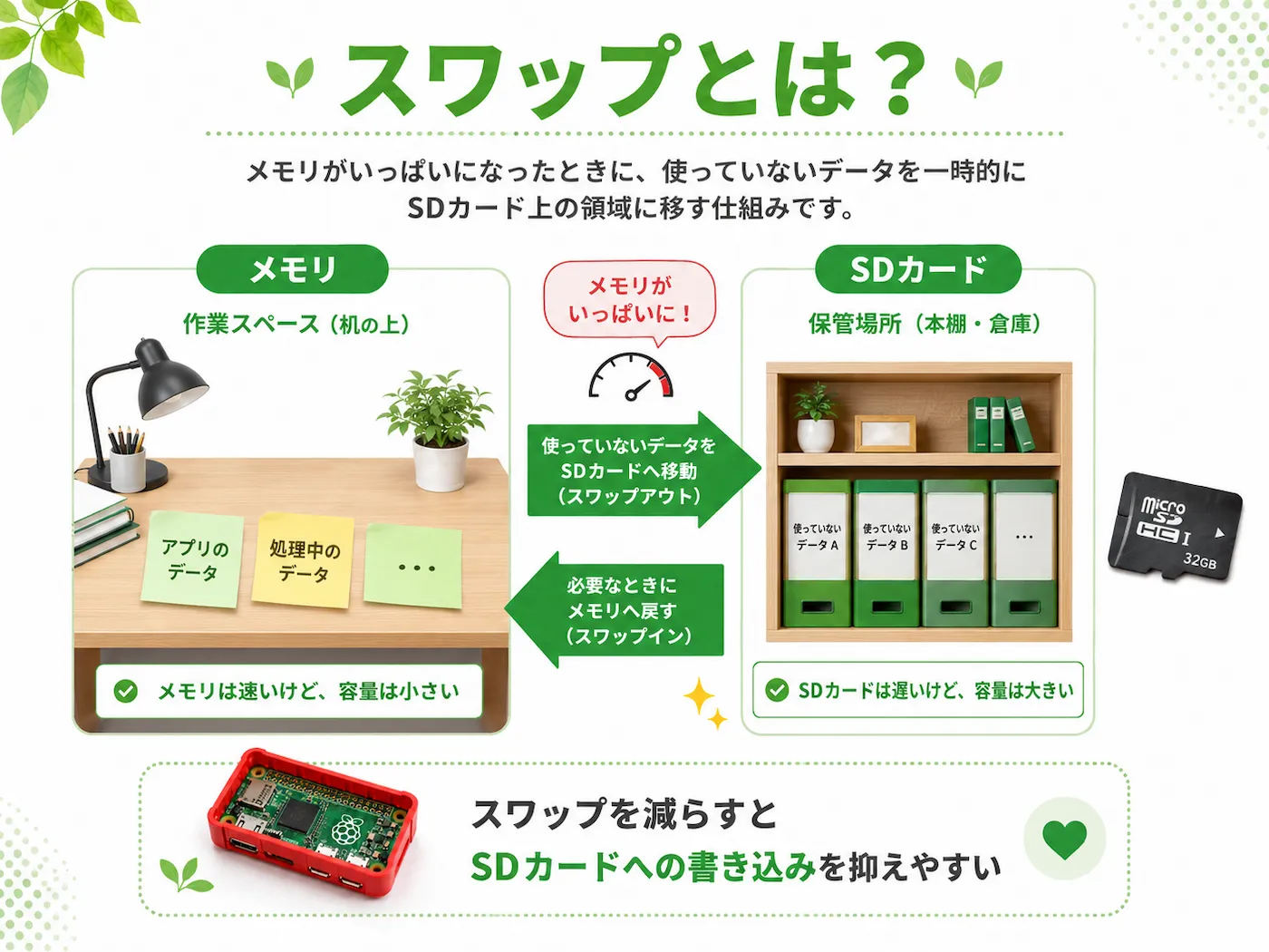 メモリとSDカードの違いを机と本棚にたとえ、スワップの仕組みを説明した図