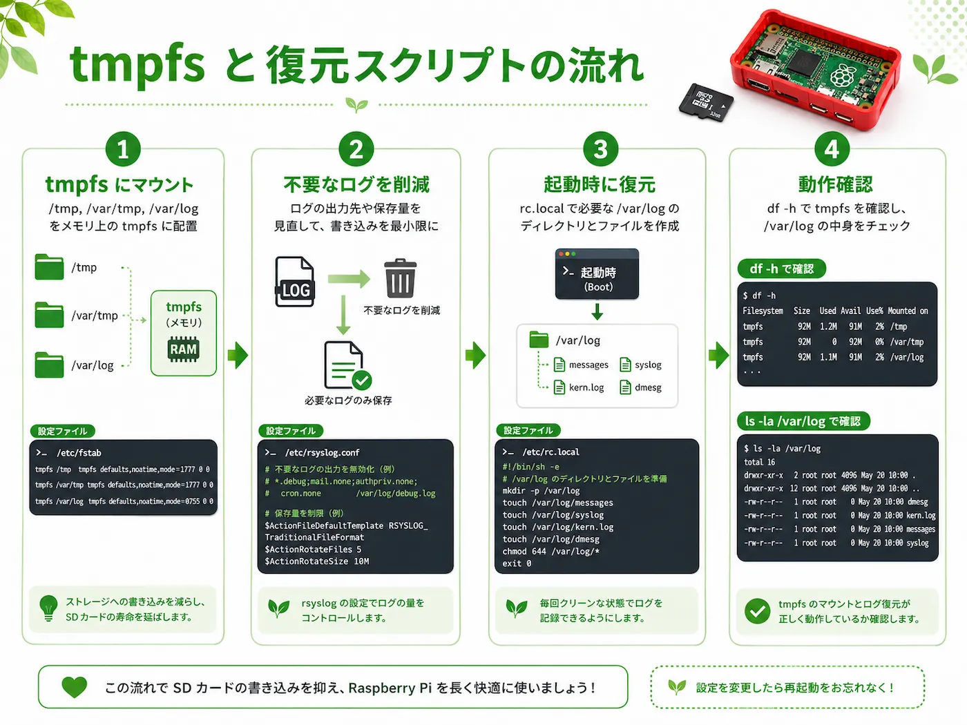 tmpfsにマウントし、不要なログを削減し、起動時にログディレクトリを復元して、動作確認する流れを説明した図