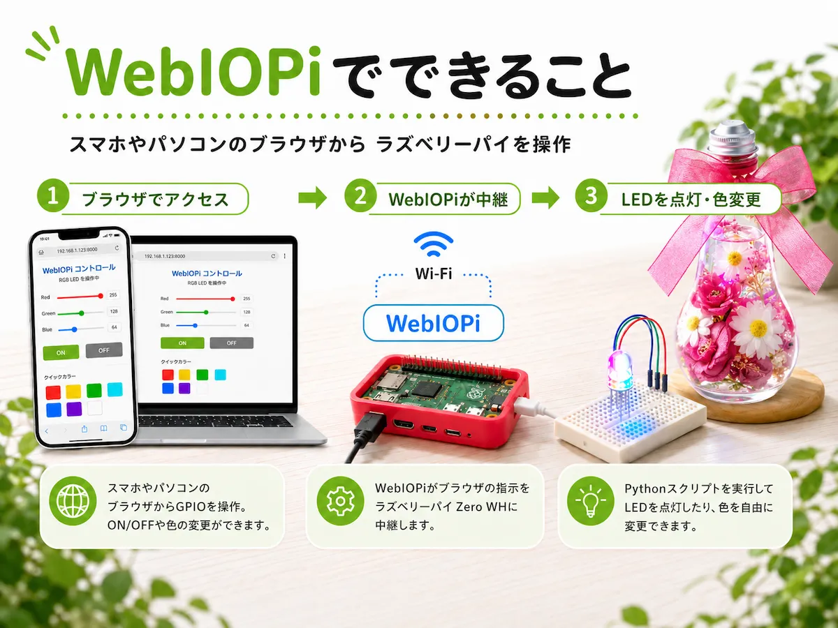 WebIOPiを導入したRaspberry Pi Zero WHにブラウザでアクセスし、スライダーや色ボタンでフルカラーLEDを操作する流れをまとめた図