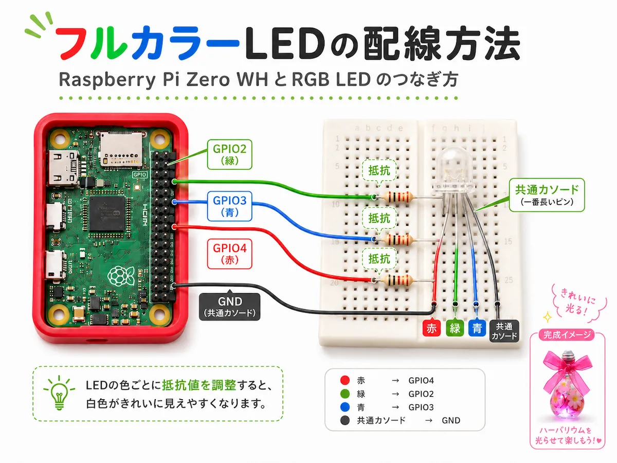 Raspberry Pi Zero WHとブレッドボード上のフルカラーLEDを接続し、赤・緑・青の各端子に抵抗を入れて配線する方法をまとめた図