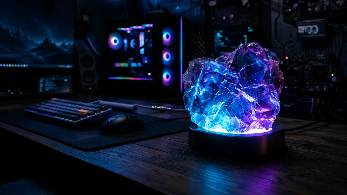 ゲーミングPCのある部屋で、台座のLEDライトに照らされた透明なクリスタルオブジェが青や紫に光っているイメージ写真